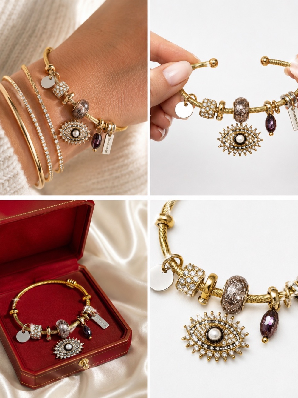 ✨ Handmade Evil Eye Charm Bracelet – Luxe Gold Tone Statement Bangle NWT ✨